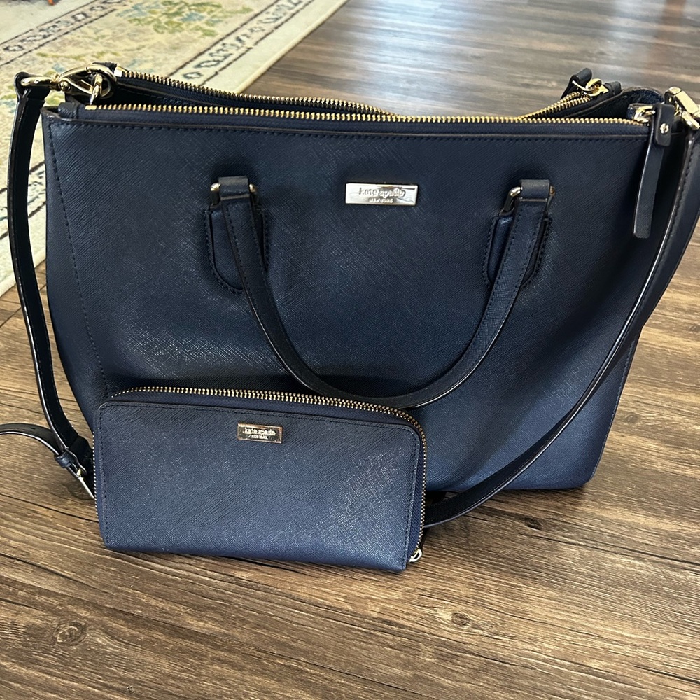 Kate Spade Dark Blue Tote and Wallet Set